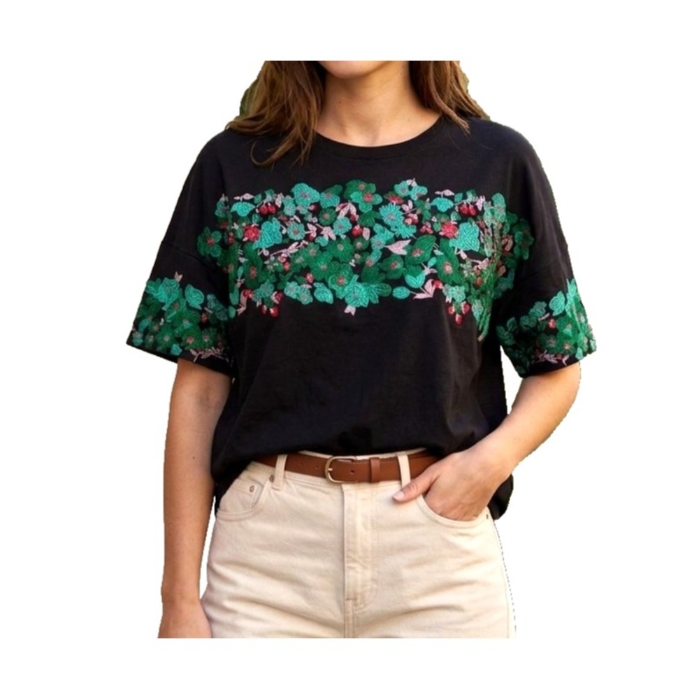 Maje E18Tenerife Black Embroidered Boxy Floral Tee Shirt Short Sleeve Top 1 (S)
